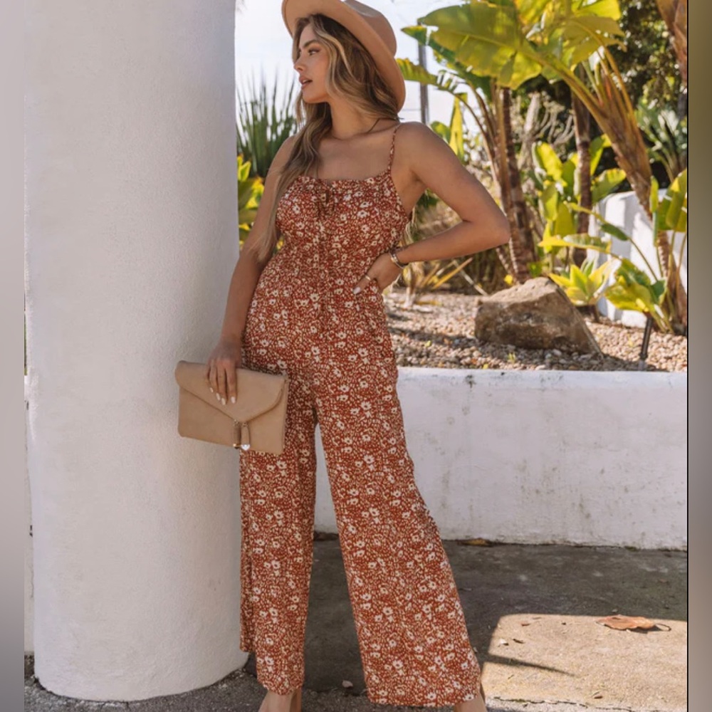 NWOT - VICI + Francesca’s Johnny Floral Front Tie Spaghetti Strap Brown Jumpsuit